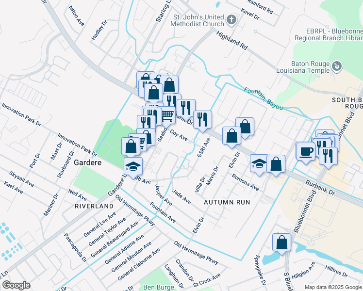 map of restaurants, bars, coffee shops, grocery stores, and more near 8686 Coy Avenue in Baton Rouge