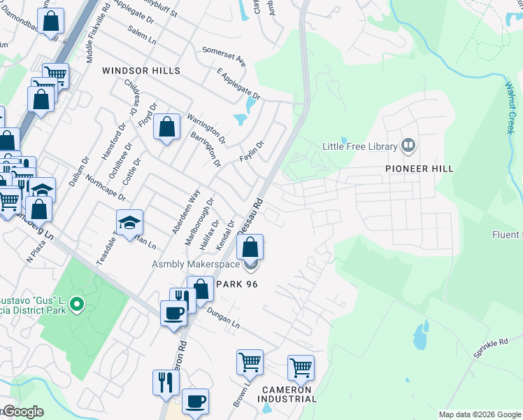 map of restaurants, bars, coffee shops, grocery stores, and more near 9807 Dessau Road in Austin