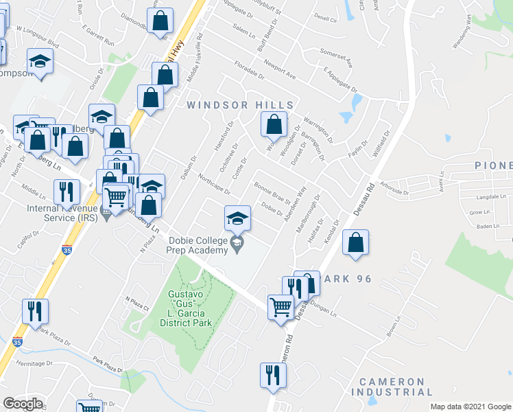 map of restaurants, bars, coffee shops, grocery stores, and more near 9630a Point Vista Place in Austin