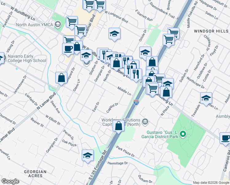 map of restaurants, bars, coffee shops, grocery stores, and more near 510 East Fawnridge Drive in Austin