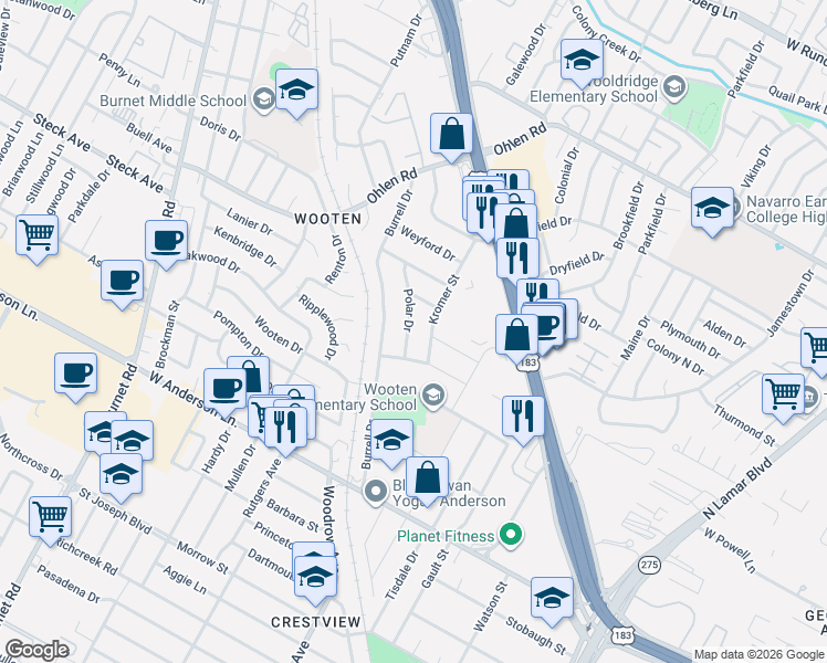 map of restaurants, bars, coffee shops, grocery stores, and more near 8204 Polar Drive in Austin