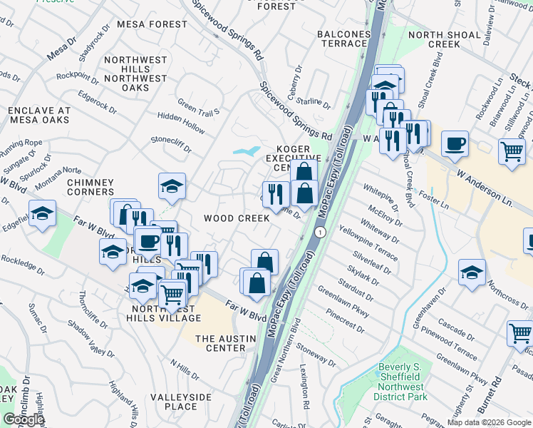 map of restaurants, bars, coffee shops, grocery stores, and more near 3435 Greystone Drive in Austin