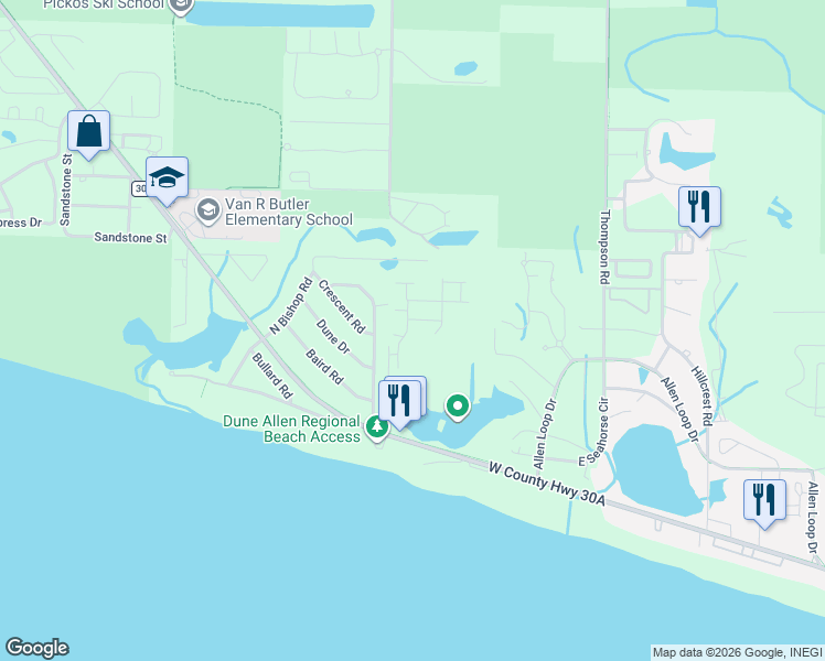 map of restaurants, bars, coffee shops, grocery stores, and more near 10 Old Winston Circle in Santa Rosa Beach