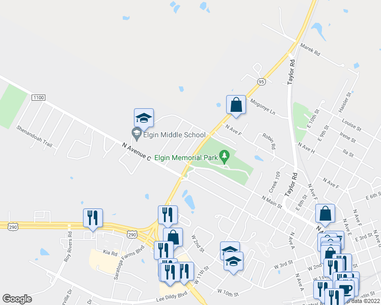 map of restaurants, bars, coffee shops, grocery stores, and more near 105 Stubblefield Drive in Elgin