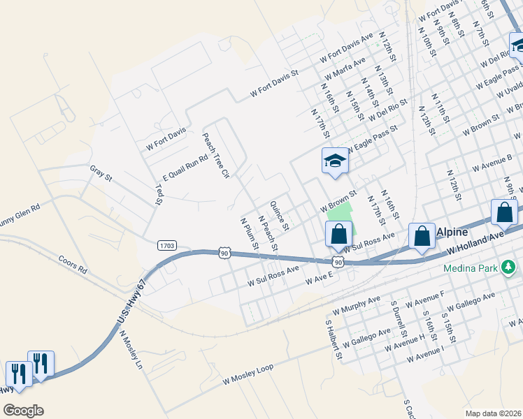 map of restaurants, bars, coffee shops, grocery stores, and more near 708 North Peach Street in Alpine