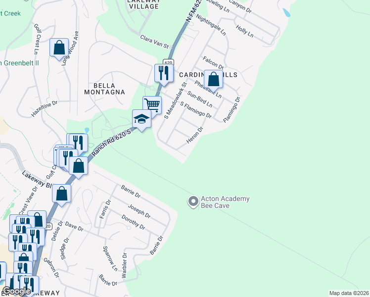 map of restaurants, bars, coffee shops, grocery stores, and more near 511 Heron Drive in Austin