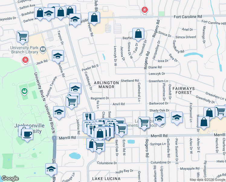 map of restaurants, bars, coffee shops, grocery stores, and more near 3206 Red Oak Drive in Jacksonville