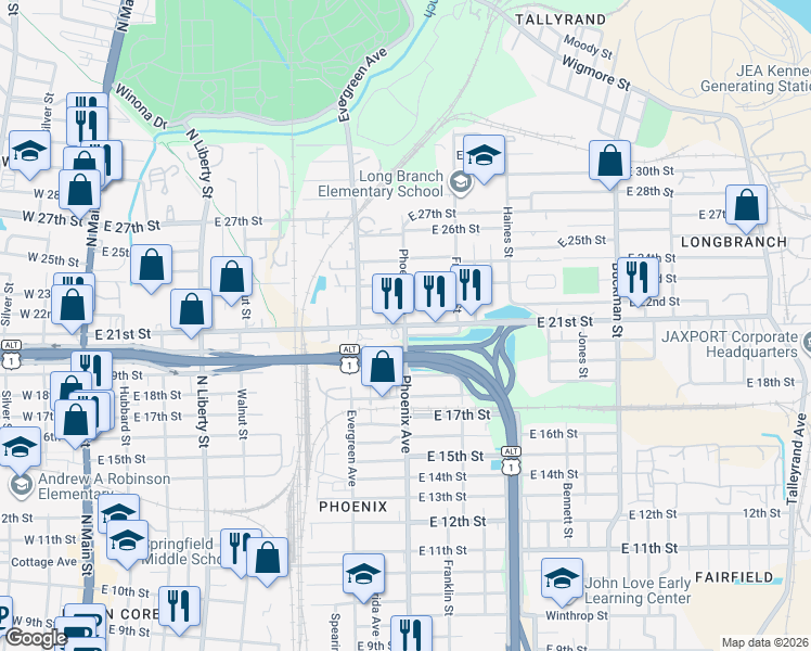 map of restaurants, bars, coffee shops, grocery stores, and more near E 21st St & Phoenix Ave in Jacksonville