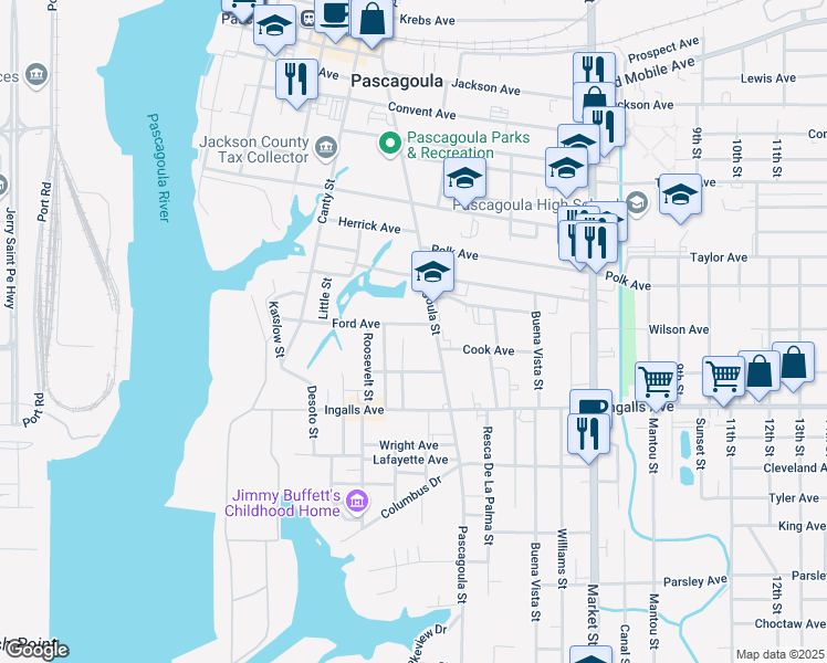 map of restaurants, bars, coffee shops, grocery stores, and more near 2004 Ducayet Street in Pascagoula