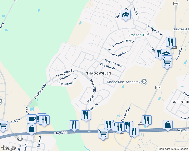 map of restaurants, bars, coffee shops, grocery stores, and more near 13601 Glen Creek Court in Manor