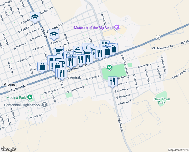 map of restaurants, bars, coffee shops, grocery stores, and more near 500 East Avenue F in Alpine