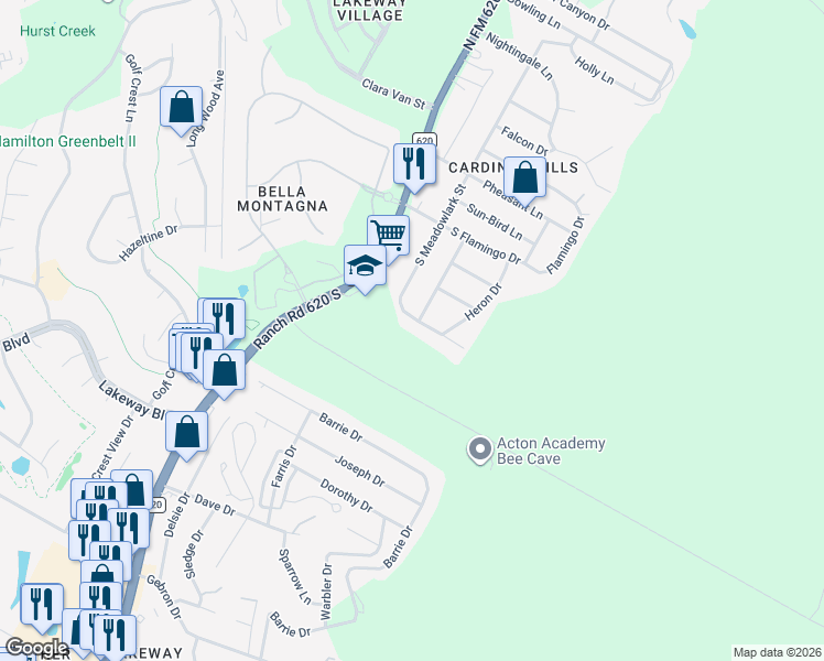 map of restaurants, bars, coffee shops, grocery stores, and more near 522 Meadowlark Street in Lakeway