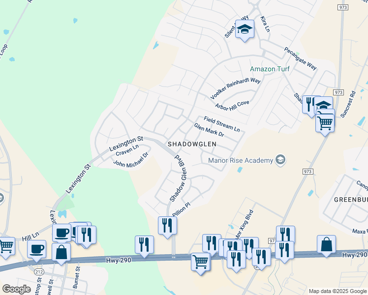 map of restaurants, bars, coffee shops, grocery stores, and more near 13601 Glen Creek Court in Manor