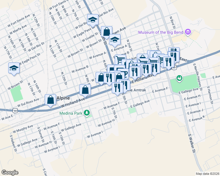 map of restaurants, bars, coffee shops, grocery stores, and more near 300 West Holland Avenue in Alpine