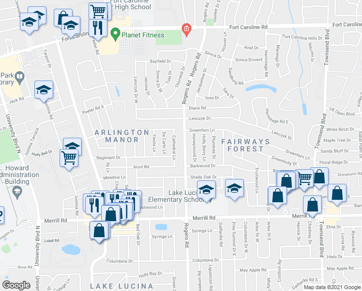map of restaurants, bars, coffee shops, grocery stores, and more near 3137 Rogero Road in Jacksonville
