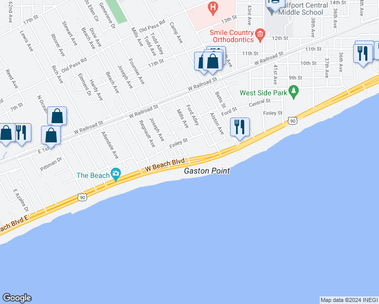 map of restaurants, bars, coffee shops, grocery stores, and more near 4640 West Beach Boulevard in Gulfport