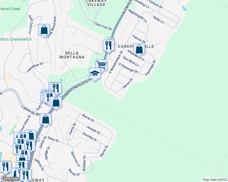 map of restaurants, bars, coffee shops, grocery stores, and more near 528 Meadowlark Street in Lakeway