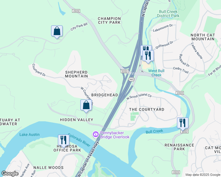 map of restaurants, bars, coffee shops, grocery stores, and more near 5001 Shepherd Mountain Cove in Austin