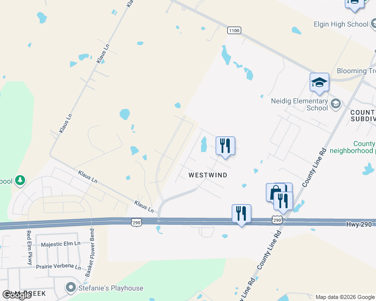 map of restaurants, bars, coffee shops, grocery stores, and more near 13636 Sierra Wind Lane in Elgin