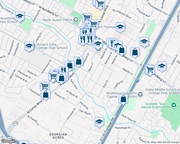 map of restaurants, bars, coffee shops, grocery stores, and more near 8909 Glenn Lane in Austin