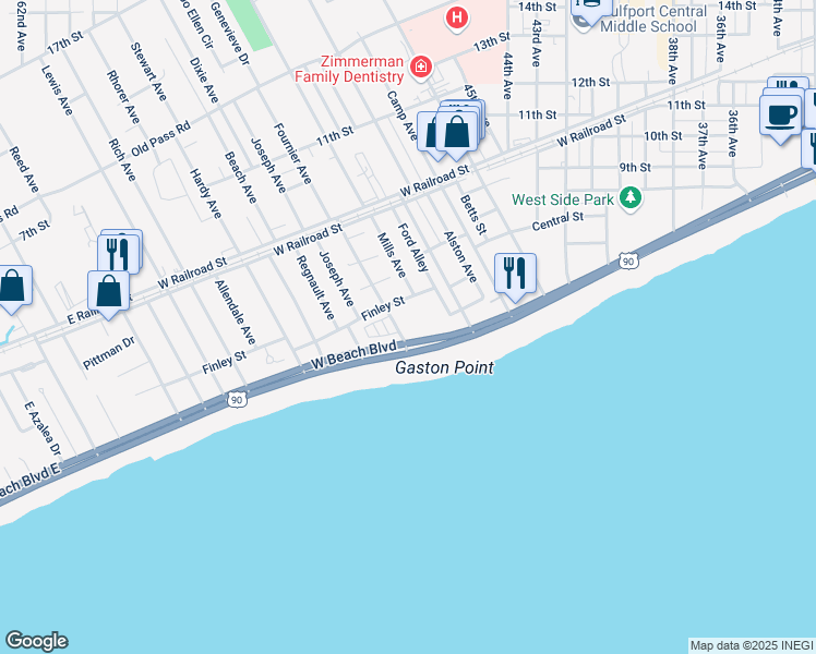 map of restaurants, bars, coffee shops, grocery stores, and more near 4640 West Beach Boulevard in Gulfport