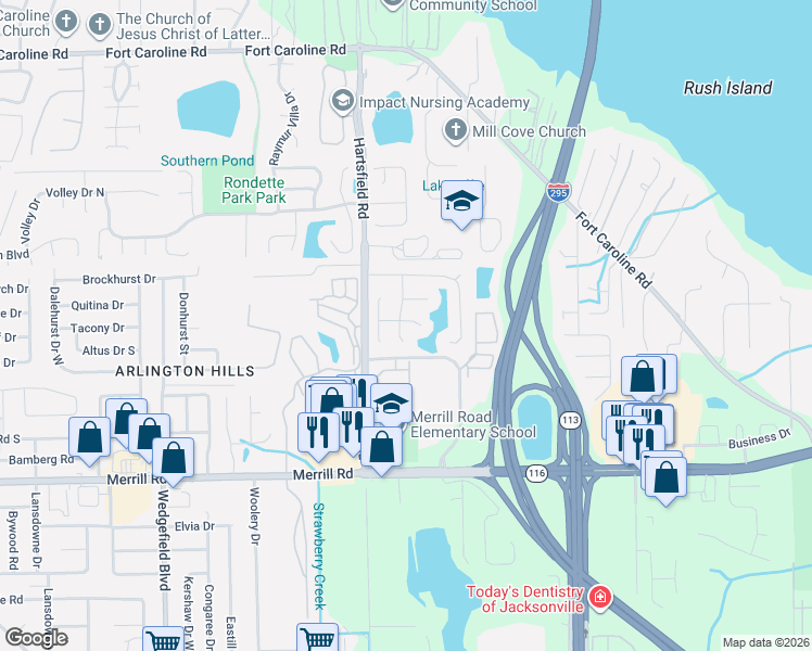 map of restaurants, bars, coffee shops, grocery stores, and more near 3255 Abbeyfield Lane in Jacksonville