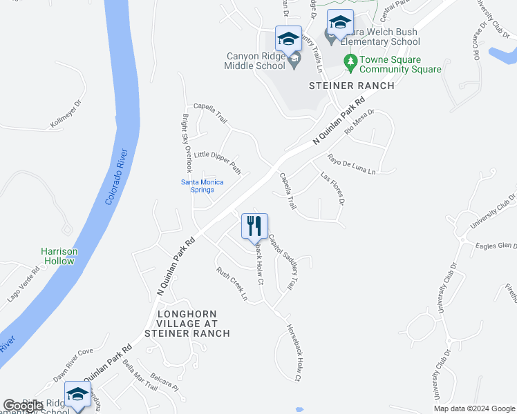 map of restaurants, bars, coffee shops, grocery stores, and more near 1321 Sawdust Court in Austin