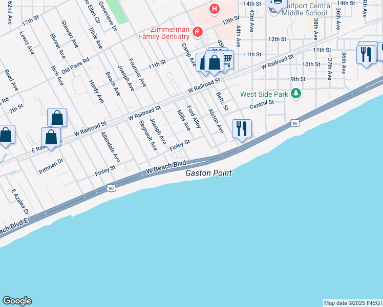 map of restaurants, bars, coffee shops, grocery stores, and more near 4640 West Beach Boulevard in Gulfport