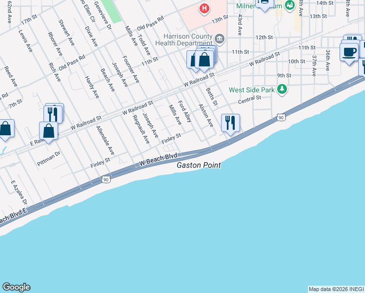 map of restaurants, bars, coffee shops, grocery stores, and more near 4640 West Beach Boulevard in Gulfport