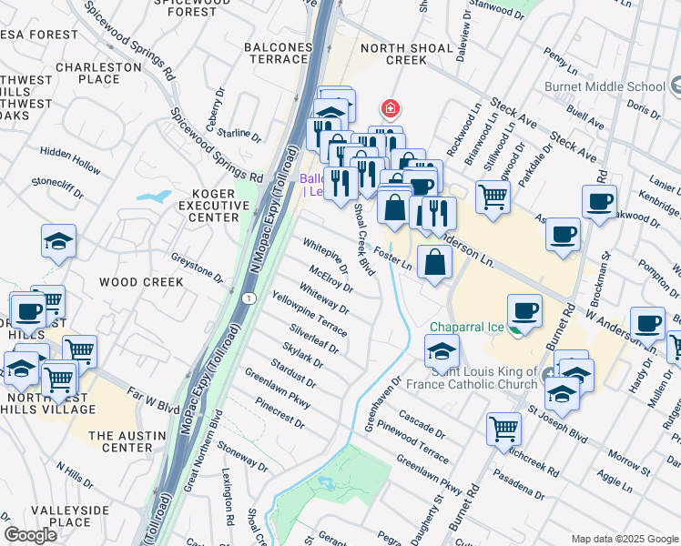 map of restaurants, bars, coffee shops, grocery stores, and more near 3105 Whitepine Drive in Austin