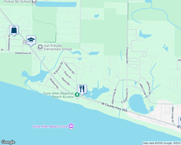 map of restaurants, bars, coffee shops, grocery stores, and more near 10 Old Winston Circle in Santa Rosa Beach