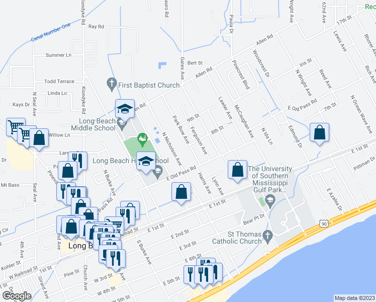 map of restaurants, bars, coffee shops, grocery stores, and more near 109 Park Row Avenue in Long Beach