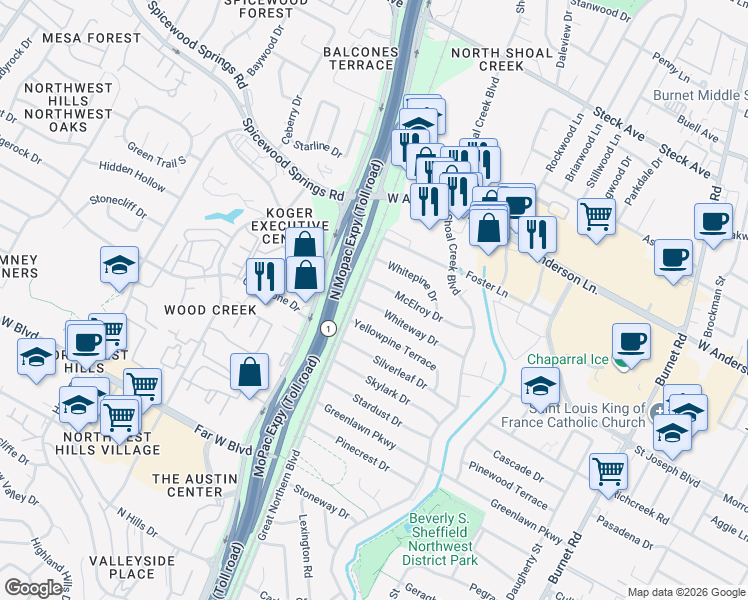 map of restaurants, bars, coffee shops, grocery stores, and more near 3304 Whiteway Drive in Austin