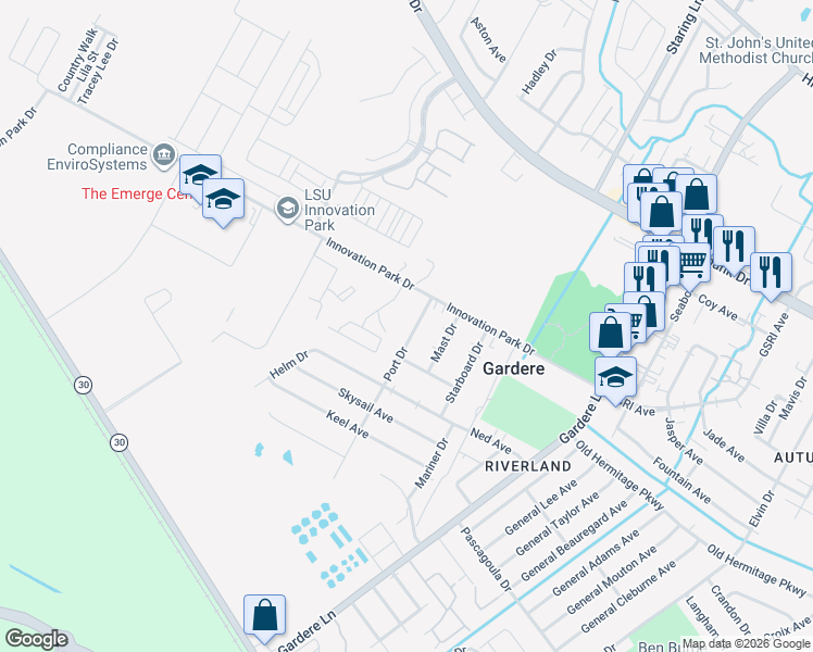map of restaurants, bars, coffee shops, grocery stores, and more near 1717 Port Drive in Baton Rouge