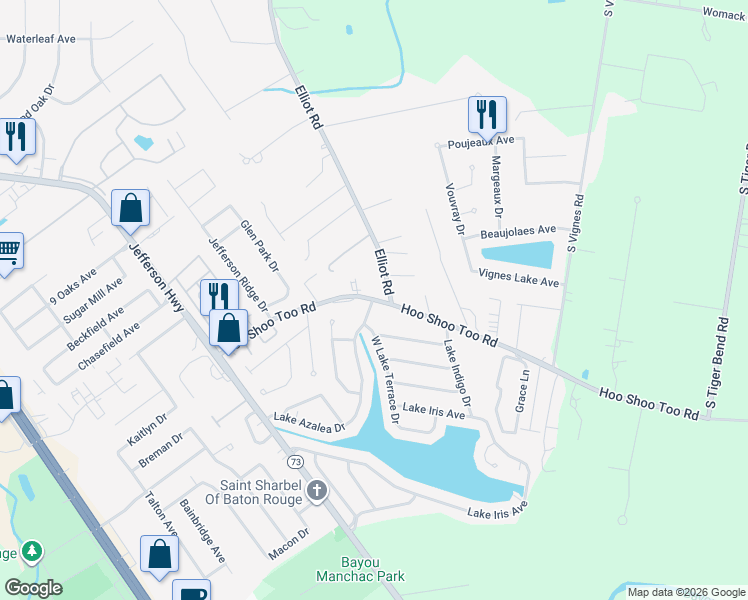 map of restaurants, bars, coffee shops, grocery stores, and more near 18322 Hoo Shoo Too Rd in Baton Rouge