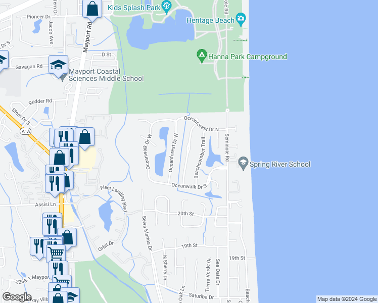 map of restaurants, bars, coffee shops, grocery stores, and more near Barefoot Trce in Atlantic Beach
