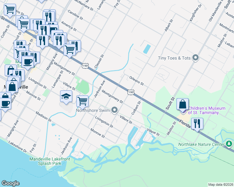 map of restaurants, bars, coffee shops, grocery stores, and more near 737 Atalin Street in Mandeville