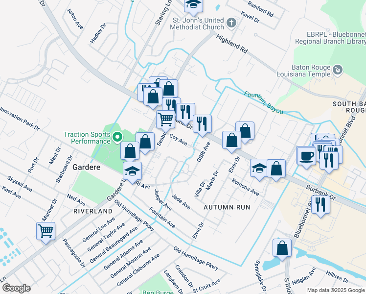 map of restaurants, bars, coffee shops, grocery stores, and more near 8686 Coy Avenue in Baton Rouge
