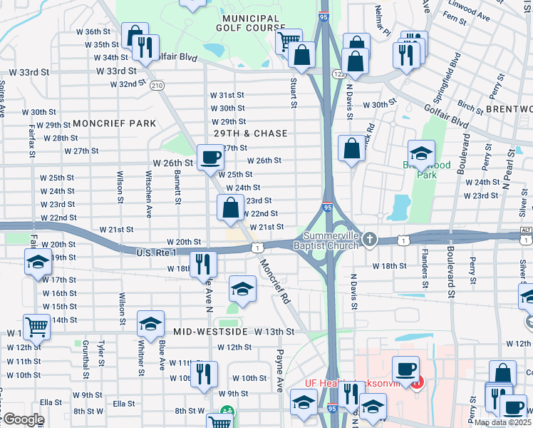 map of restaurants, bars, coffee shops, grocery stores, and more near 1137 West 21st Street in Jacksonville