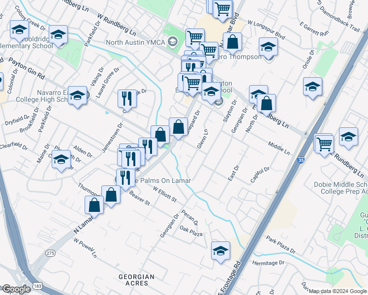 map of restaurants, bars, coffee shops, grocery stores, and more near in Austin