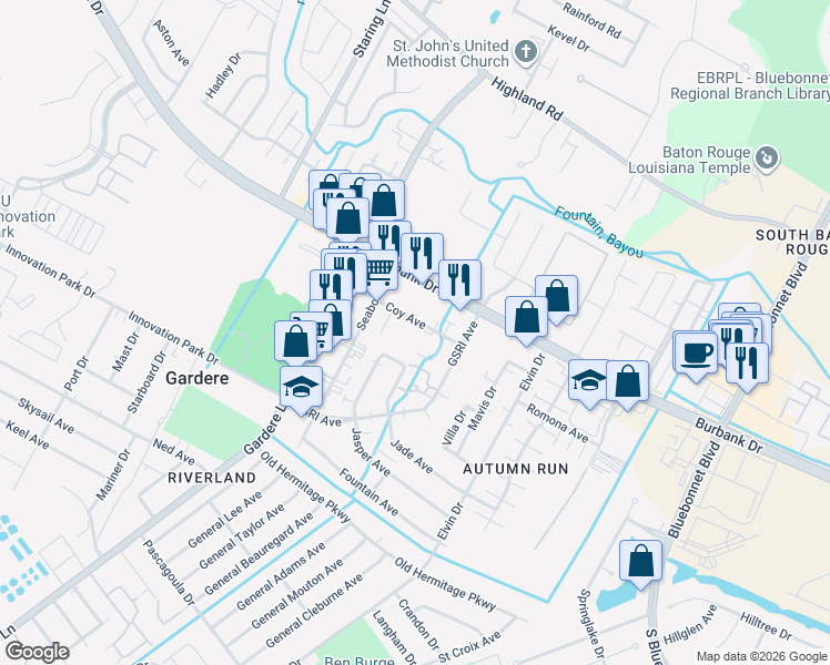 map of restaurants, bars, coffee shops, grocery stores, and more near 8686 Coy Avenue in Baton Rouge