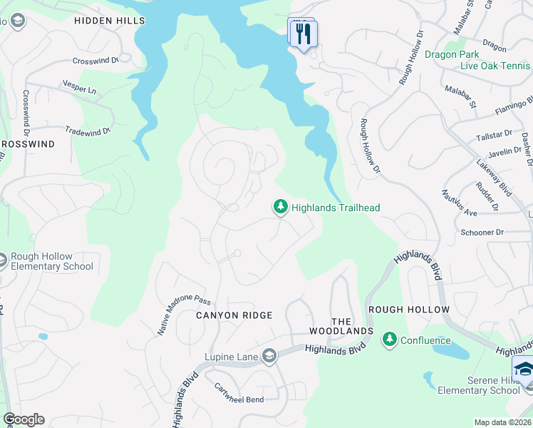 map of restaurants, bars, coffee shops, grocery stores, and more near 503 Woodside Terrace in Austin