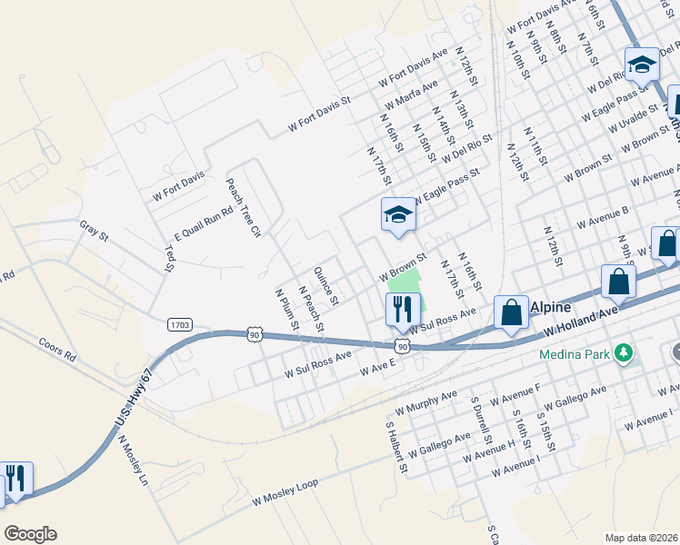 map of restaurants, bars, coffee shops, grocery stores, and more near W Uvalde Ave in Alpine
