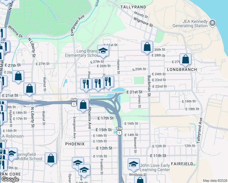 map of restaurants, bars, coffee shops, grocery stores, and more near 1218 Jennings St in Jacksonville