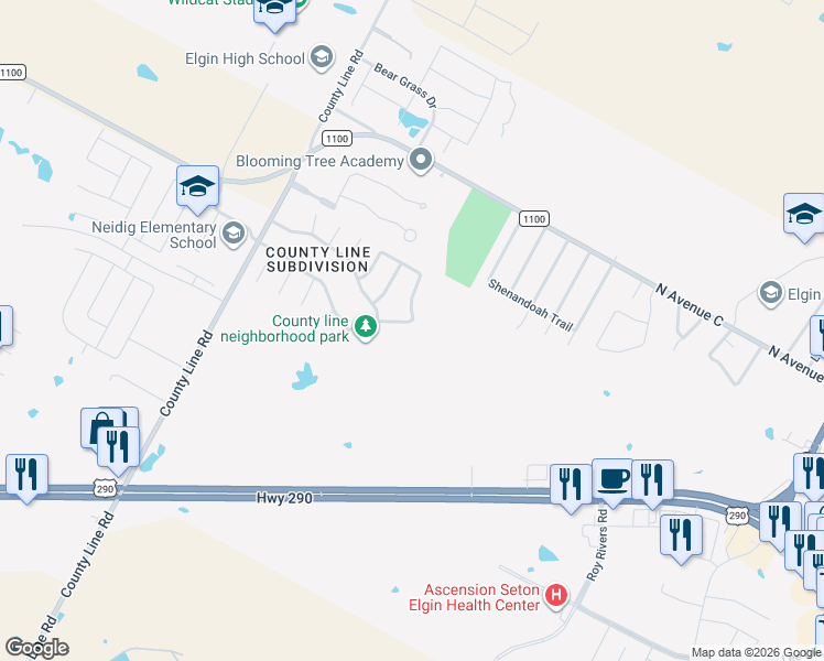 map of restaurants, bars, coffee shops, grocery stores, and more near 614 Lavaca Loop in Elgin