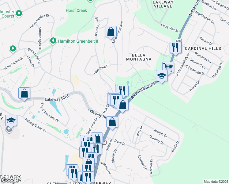 map of restaurants, bars, coffee shops, grocery stores, and more near 209 Golf Crest Lane in Lakeway