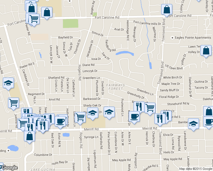 map of restaurants, bars, coffee shops, grocery stores, and more near 3240 Fruitwood Lane in Jacksonville
