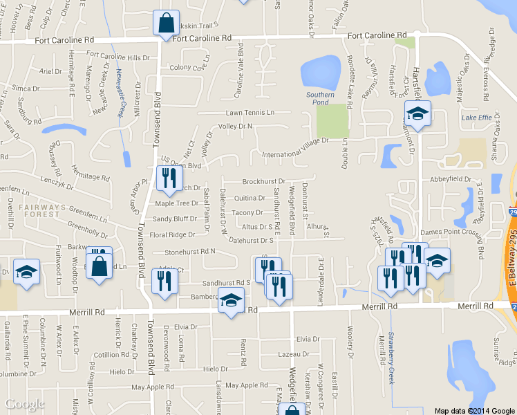map of restaurants, bars, coffee shops, grocery stores, and more near 7548 Tacony Drive in Jacksonville