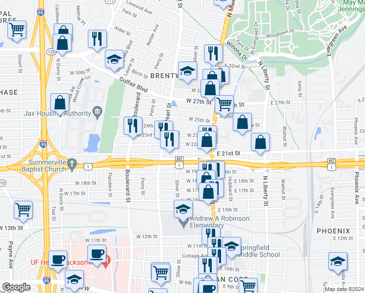 map of restaurants, bars, coffee shops, grocery stores, and more near 136 West 22nd Street in Jacksonville