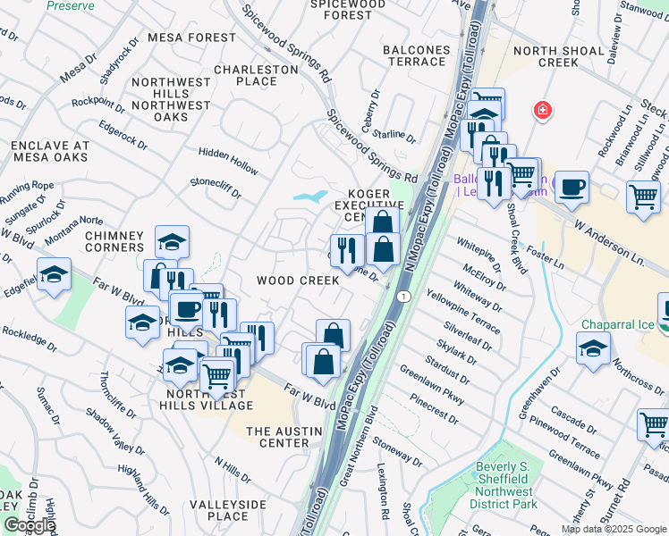 map of restaurants, bars, coffee shops, grocery stores, and more near 7406 Shadow Hill Drive in Austin